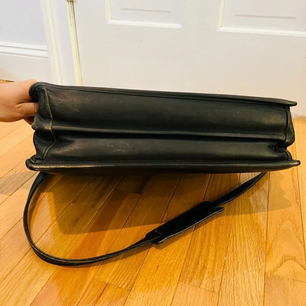 Jack Georges Leather Briefcase Messenger Bag Black Unisex Vintage Leather Gold